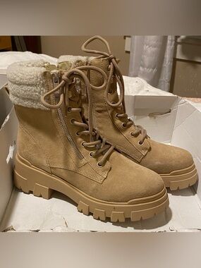 Marc Fisher Tan Suede Lace-Up Lug Boots with Sherpa Trim